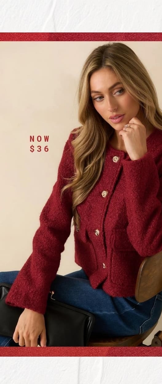 Image of model wearing a Cherry Red Bouclé Button Front Jacket.