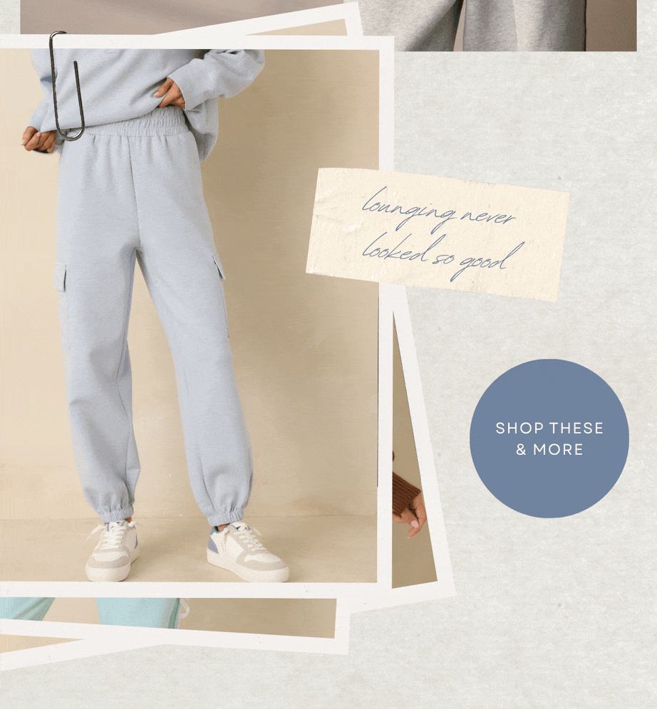 'Lounging never looked so good.' Slideshow of models wearing different lounging sets. Button: 'Shop These & More.'