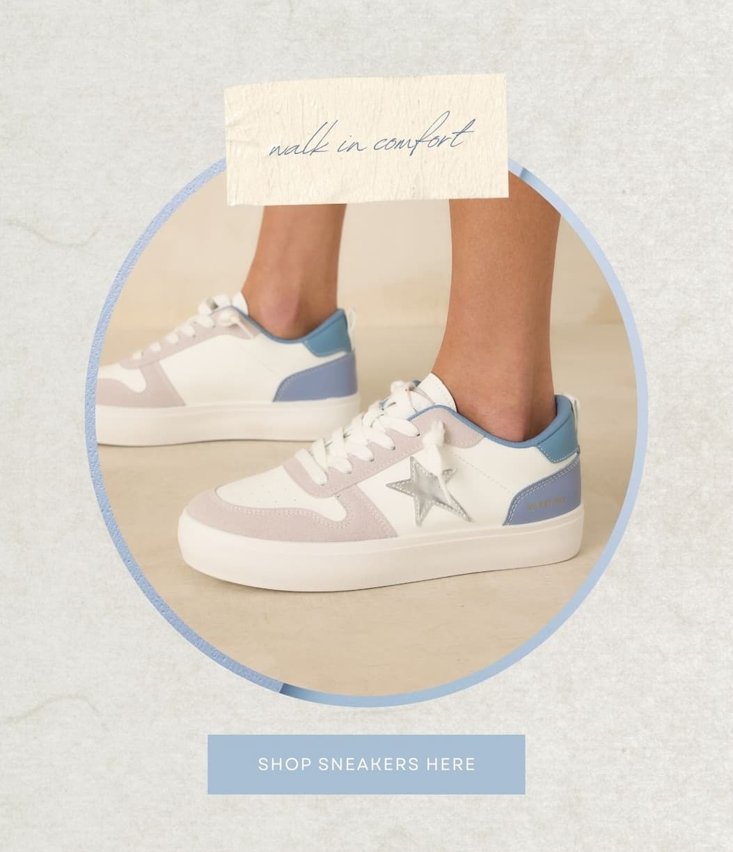 'Walk in comfort.' Image of model wearing Vintage Havana Aura 16 Blue Multi Star Sneakers. Button: 'Shop Sneakers Here.'