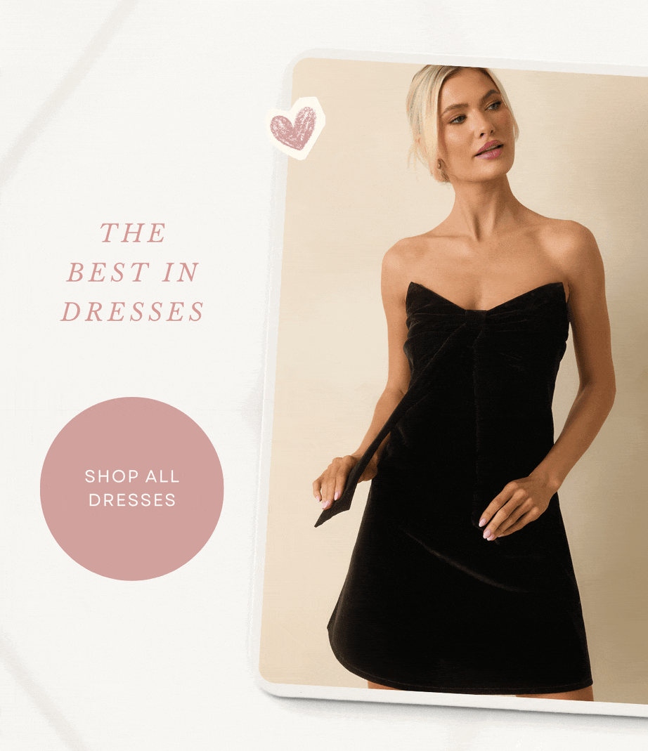 'The best in dresses.' Button: 'Shop All Dresses.' Slideshow of model wearing different dresses.