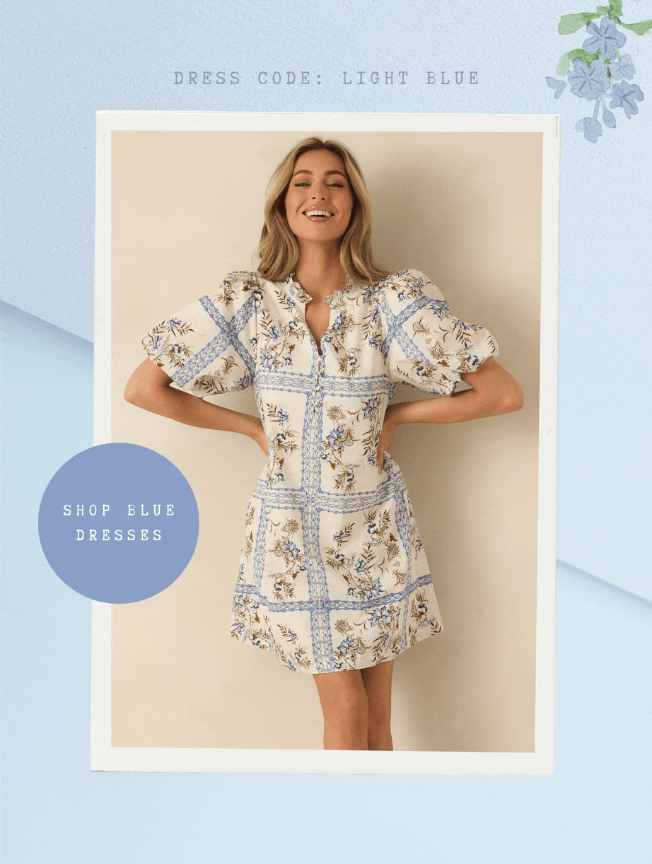 'Dress code: light blue.' Slideshow of model wearing different blue dresses. Button: 'Shop Blue Dresses.'