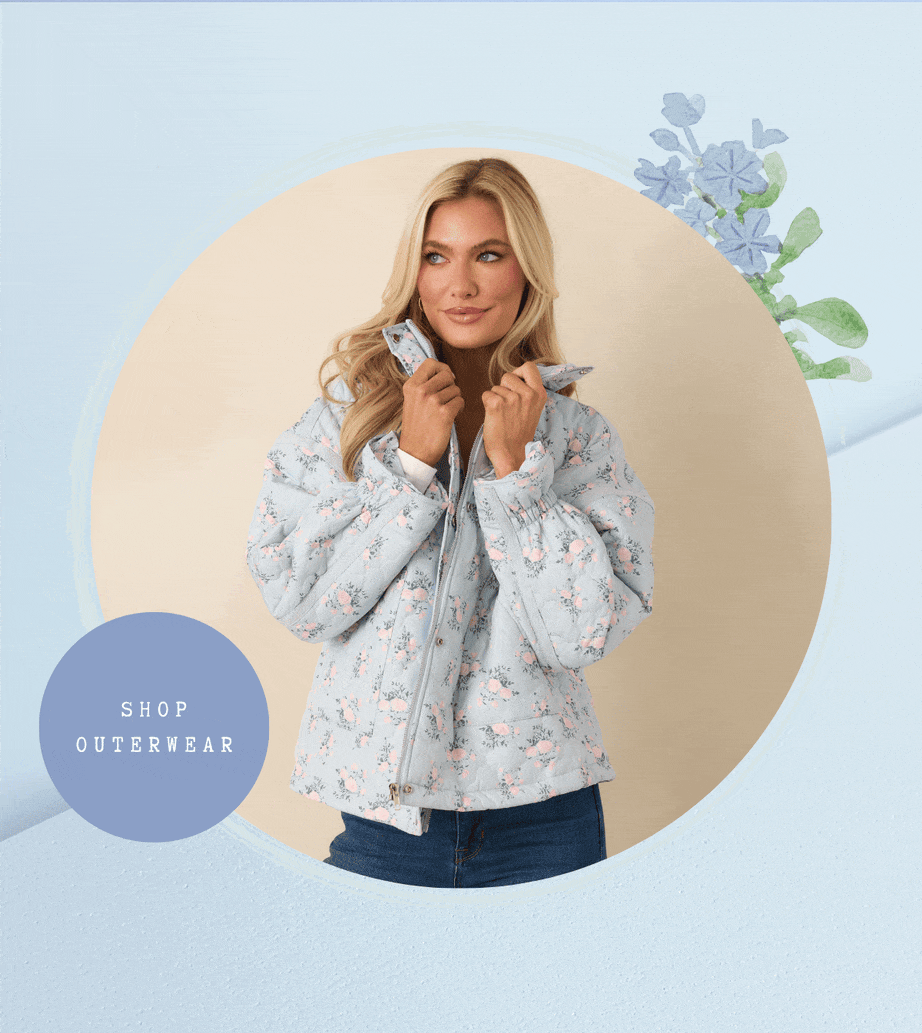 Slideshow of model wearing different light blue layers. Button: 'Shop Outerwear.'