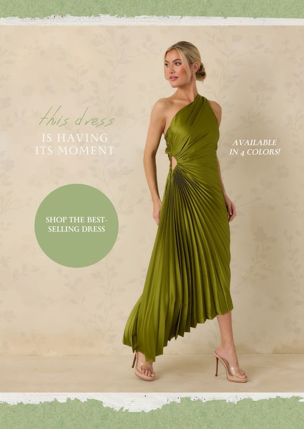 This dress is having its moment. Shop the best-selling dress. Image of model wearing a Olive Green Asymmetric One Shoulder Maxi Dress. 