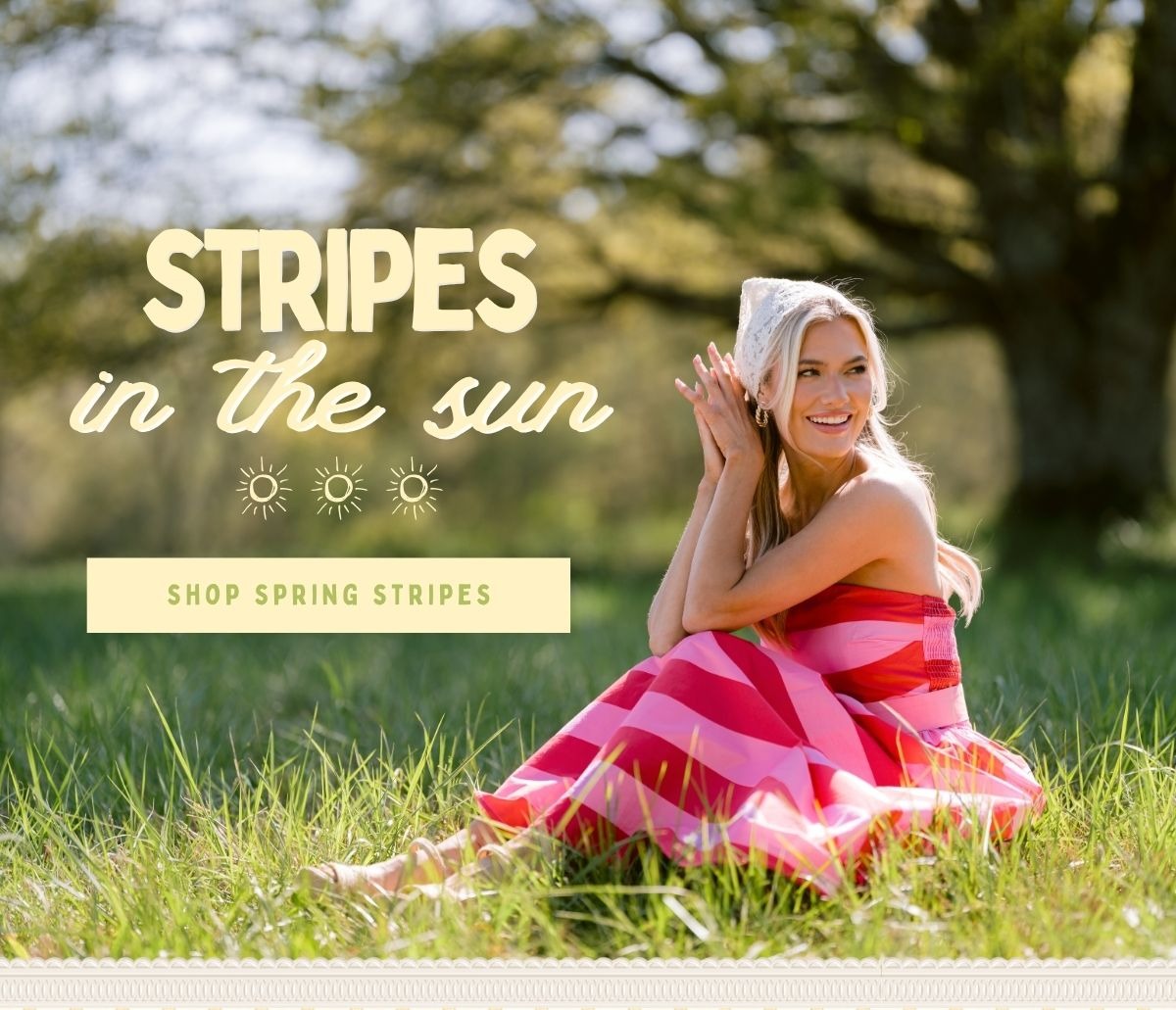 'Stripes in the Sun. Shop Spring Stripes.' Woman wearing a red and pink striped midi dress.