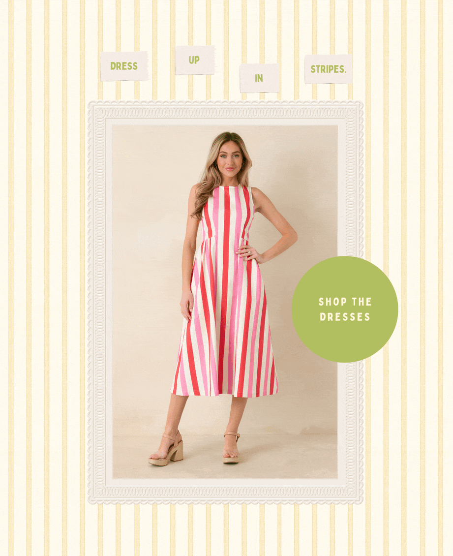 'Dress up in stripes. Shop the Dresses.' Slideshow of models wearing colorful striped dresses.