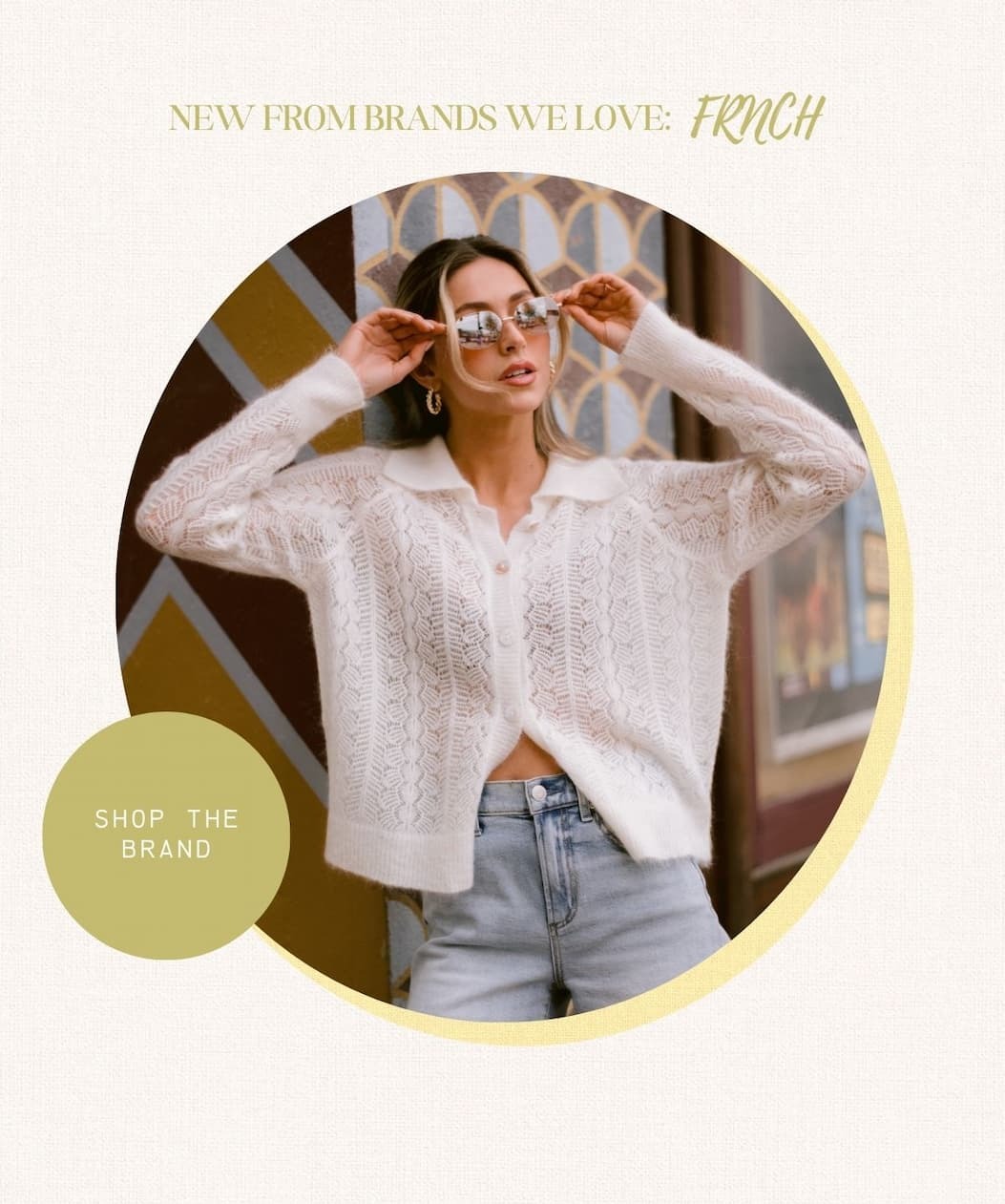'New From Brands We Love: FRNCH. Shop the Brand.' Image of model wearing a  Ivory Openwork Knit Cardigan.