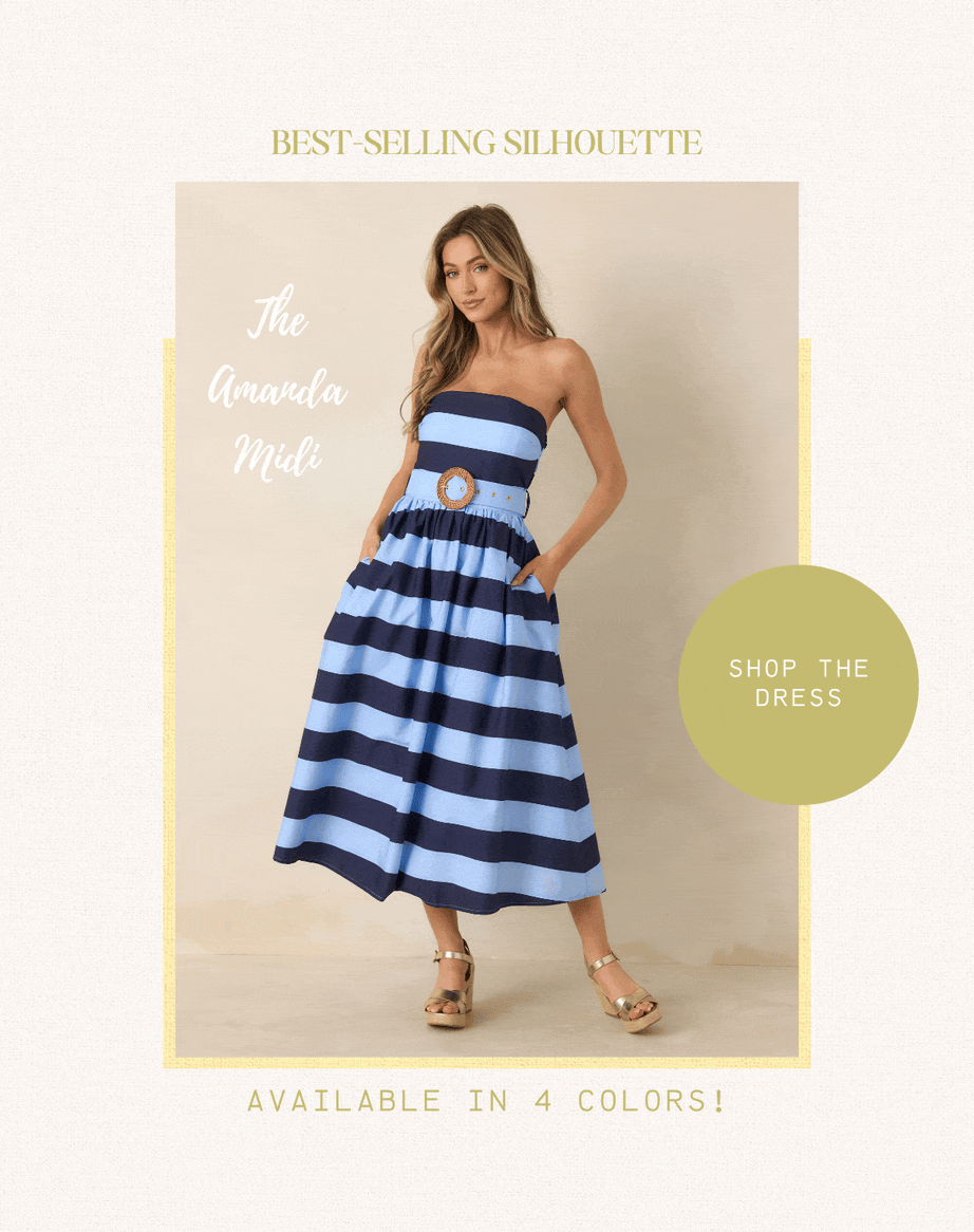 'The Amanda Midi. Best-selling silhouette. Available in 4 colors. Shop the Dress.' Model wearing a Navy & Light Blue Stripe Cotton Strapless Midi Dress. 