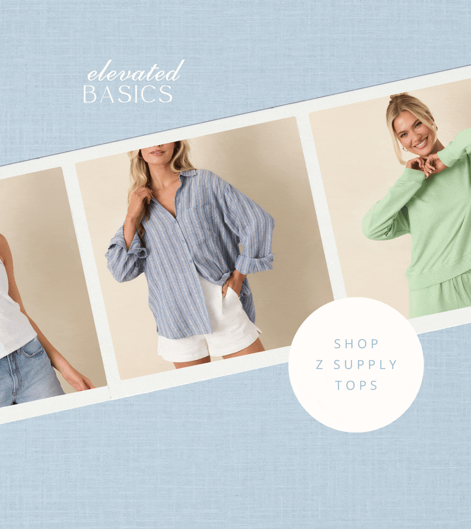 'Elevated Basics. Shop Z Supply Tops.' Slideshow of models wearing different tops.