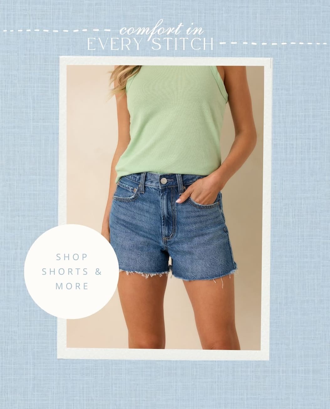 'Comfort in every stitch. Shop Shorts & More.' Womena wearing Dark Wash High Rise Cut-Off Cotton Denim Shorts.