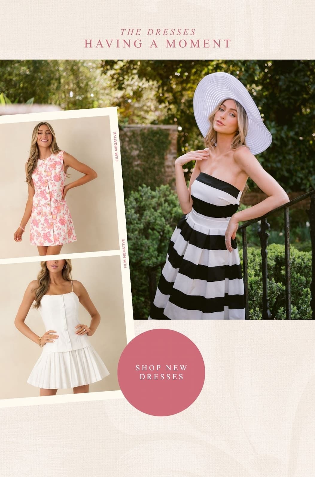 'The dresses having a moment. Shop New Dresses.' Collage of models wearing different spring and summer dresses.