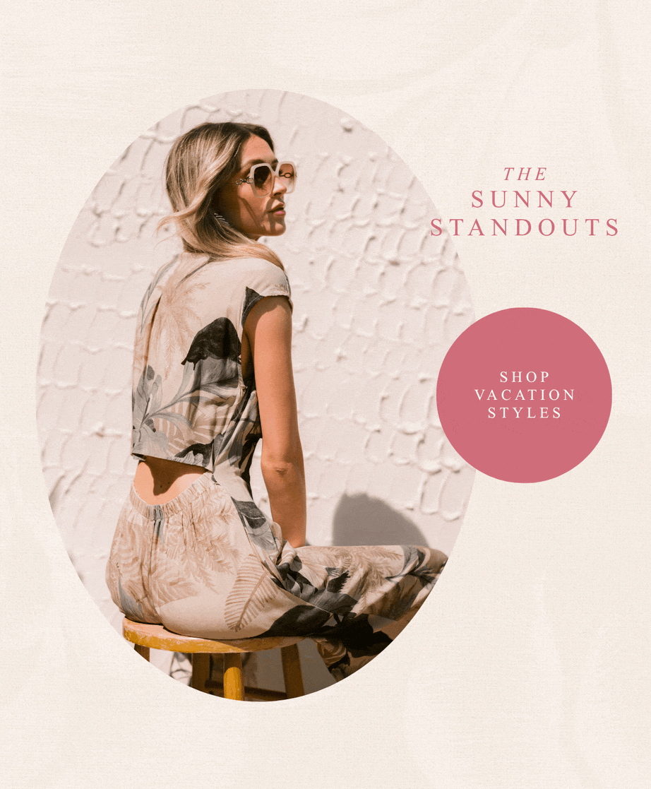 'The sunny standouts. Shop Vacation Styles.' Model wearing a tropical print jumpsuit.