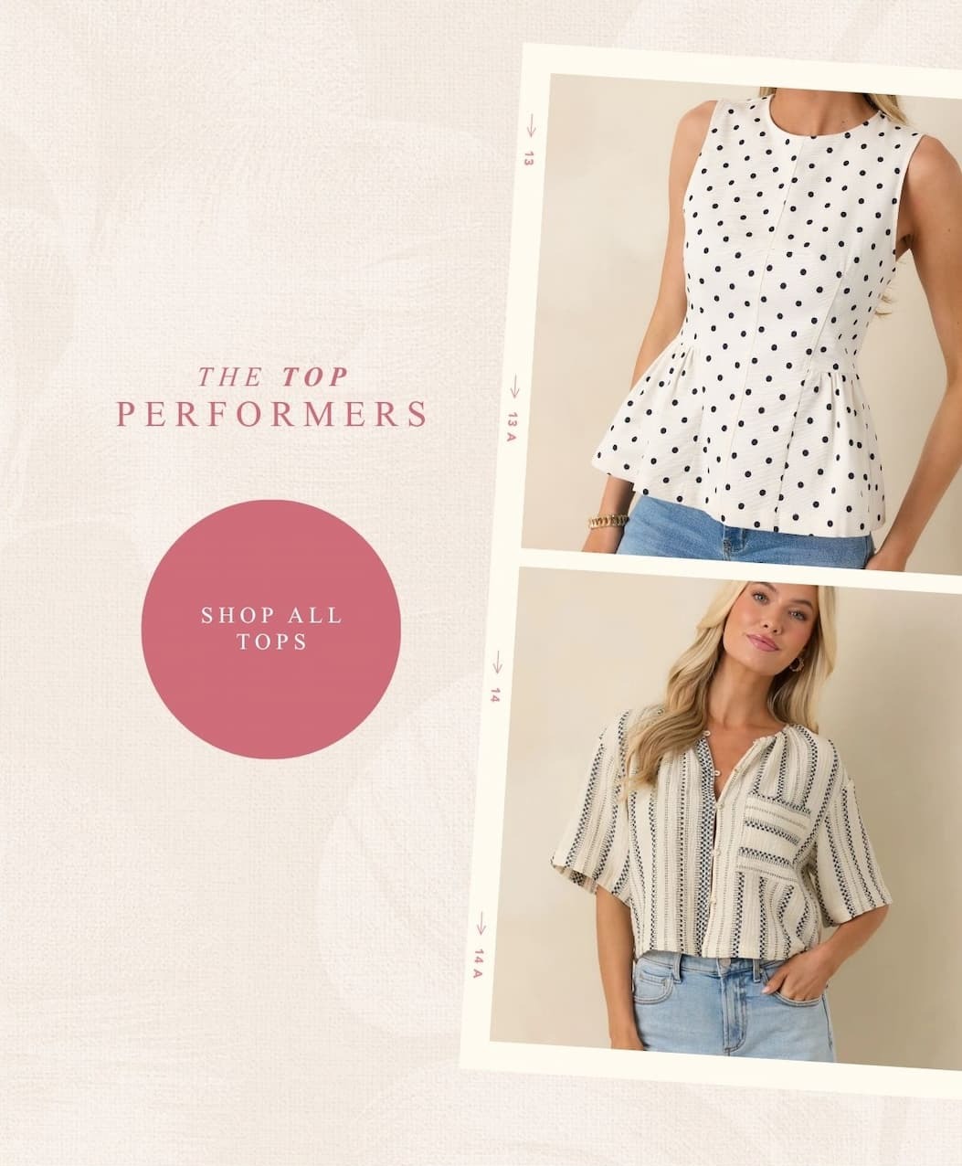'The top performers. Shop All Tops.' Collage of models wearing different tops.