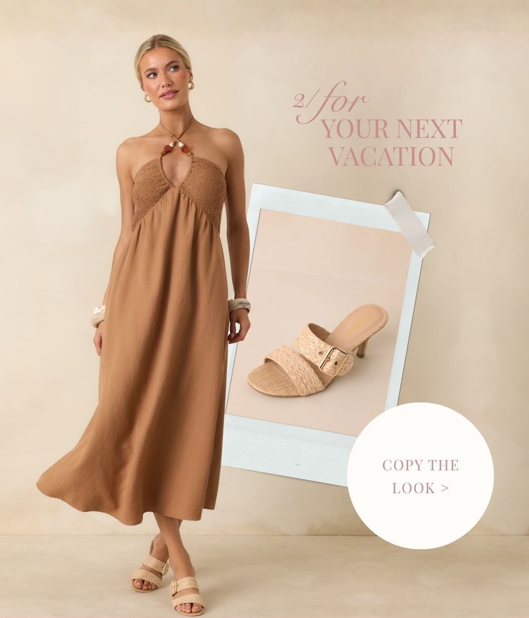 'For your next vacation. Copy the Look.' Model wearing a Chestnut Brown Beaded Halter Midi Dress. 