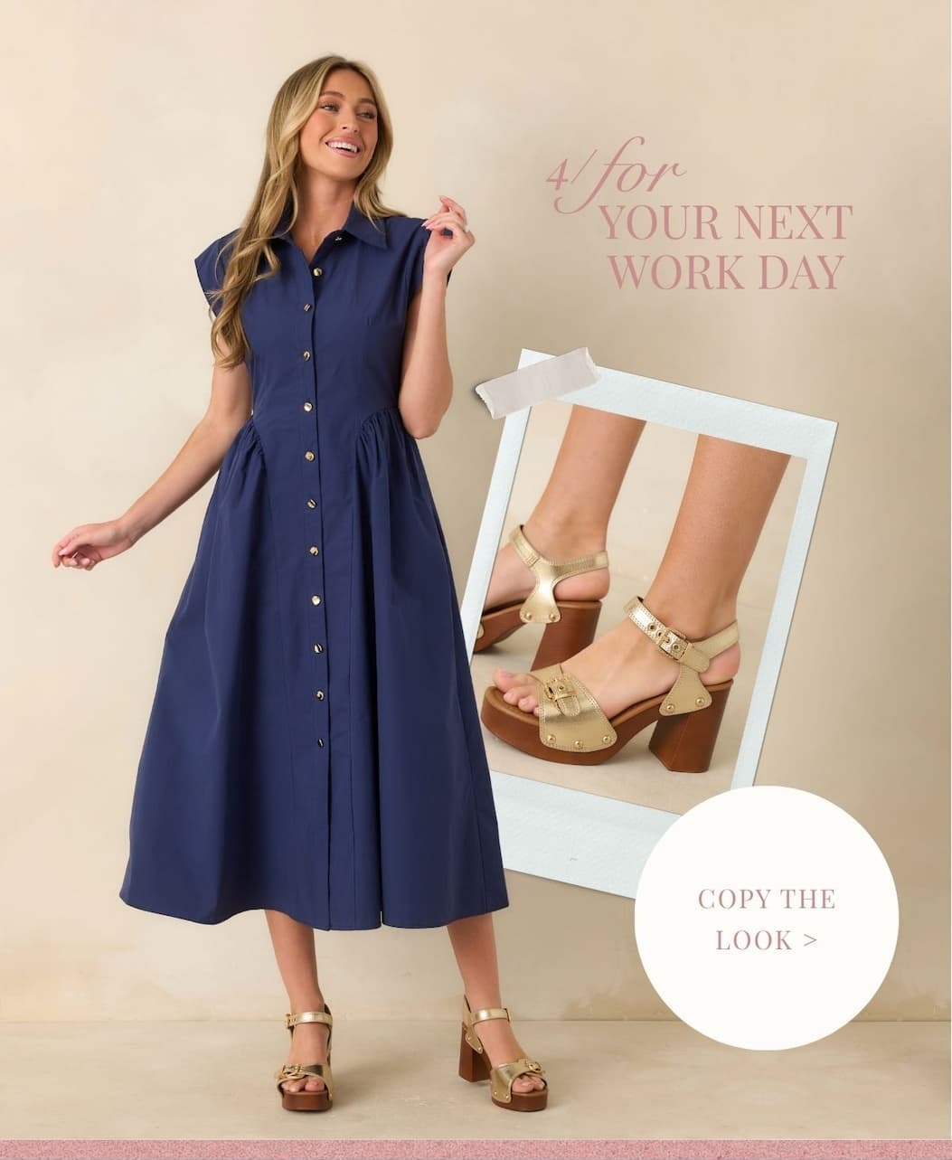 'For Your Next Work Day. Copy the Look.' Model wearing a Navy Cotton Button Front Midi Dress.