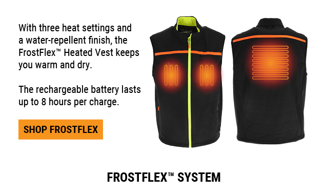 With three heat settings and a water-repellent finish, the Frostflex Heated vest keeps you warm and dry. The rechargeable battery lasts up to 8 hours per charge