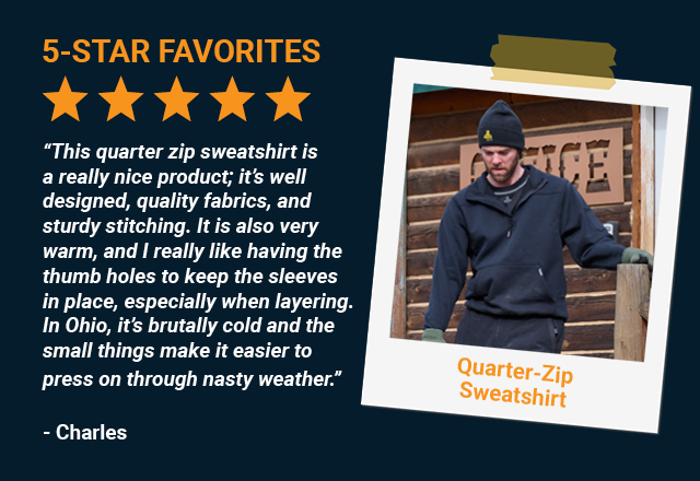 This quarter zip sweatshirt is a really nice product; it’s well designed, quality fabrics, and sturdy stitching. It is also very warm, and I really like having the thumb holes to keep the sleeves in place, especially when layering. In Ohio, it’s brutally cold and the small things make it easier to press on through nasty weather.