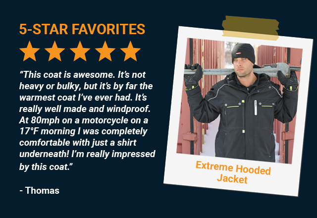 This coat is awesome. It's not heavy or bulky, but it’s by far the warmest coat I've ever had. It’s really well made and windproof. At 80mph on a motorcycle on a 17°F morning I was completely comfortable with just a shirt underneath! I'm really impressed by this coat.