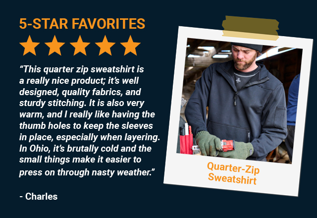 This quarter zip sweatshirt is a really nice product; it’s well designed, quality fabrics, and sturdy stitching. It is also very warm, and I really like having the thumb holes to keep the sleeves in place, especially when layering. In Ohio, it’s brutally cold and the small things make it easier to press on through nasty weather.