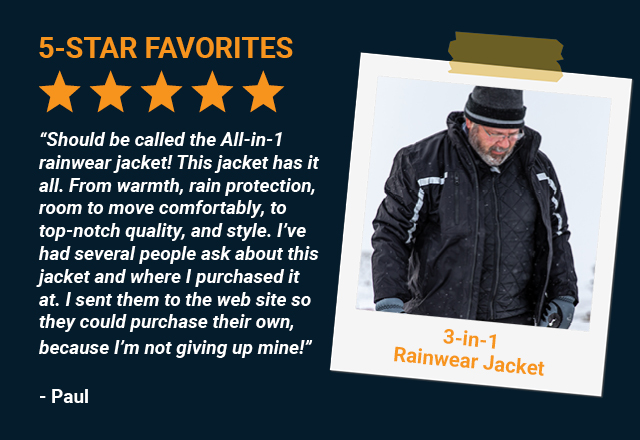 Should be called the All-in-1 rainwear jacket! This jacket has it all. From warmth, rain protection, room to move comfortably, to top-notch quality, and style. I've had several people ask about this jacket and where I purchased it at. I sent them to the web site so they could purchase their own, because I’m not giving up mine!