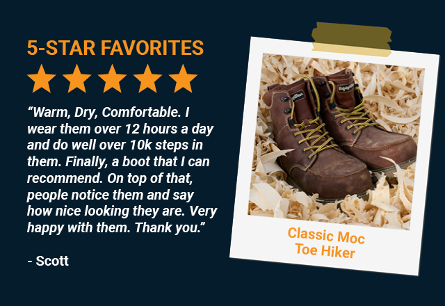 “Warm, Dry, Comfortable. I wear them over 12 hours a day and do well over 10k steps in them. Finally, a boot that I can recommend. On top of that, people notice them and say how nice looking they are. Very happy with them. Thank you.” 