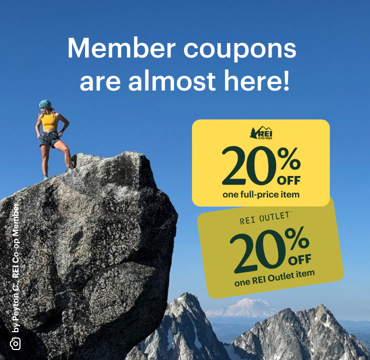 Hiking photo by Peyton C., REI Co-op Member. Headline: Member coupons are almost here!