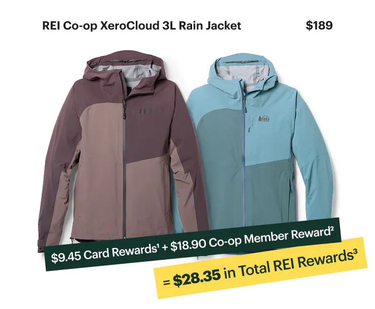 REI Co-op XeroCloud 3L Rain Jacket. $189. $9.45 Card Rewards1 + $18.90 Co-op Member Reward2. = $28.35 in Total REI Rewards3