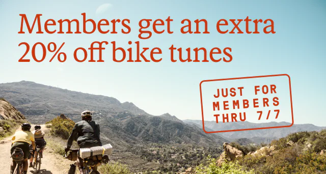 A group of gravel cyclists. Headline: Members get an extra 20% off bike tunes. Just for members thru 7/7