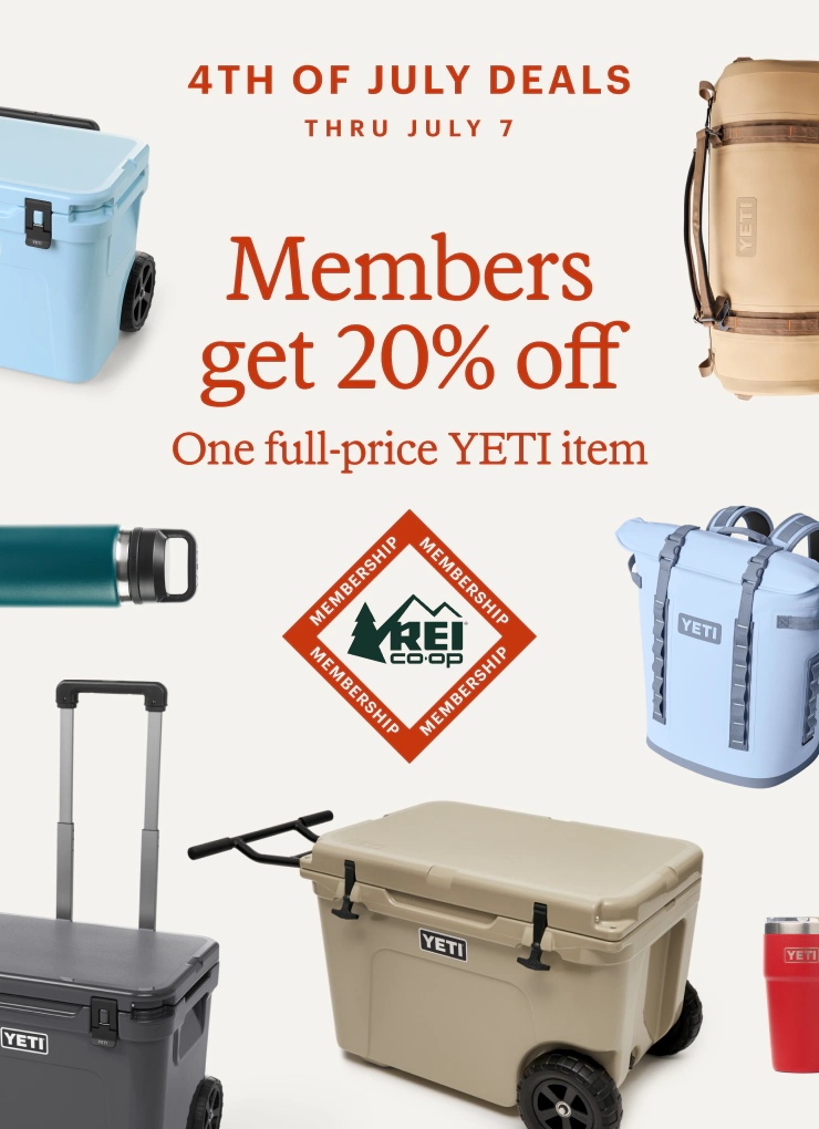 YETI hard coolers, soft coolers, drinkware and more. Headline: Members get 20% off One full-price YETI item. 4TH OF JULY DEALS THRU JULY 7