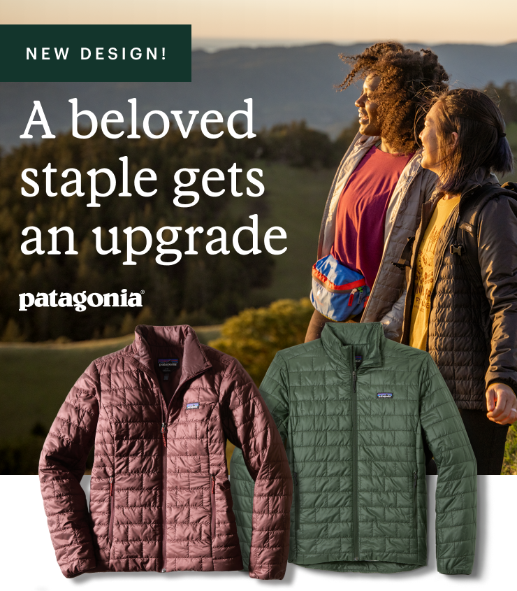 New Patagonia insulated jackets in red and grey colors. Headline: A beloved staple gets an upgrade
