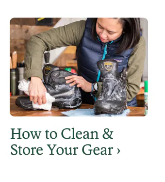 A person cleaning their gear. Headline: How to Clean & Store Your Gear