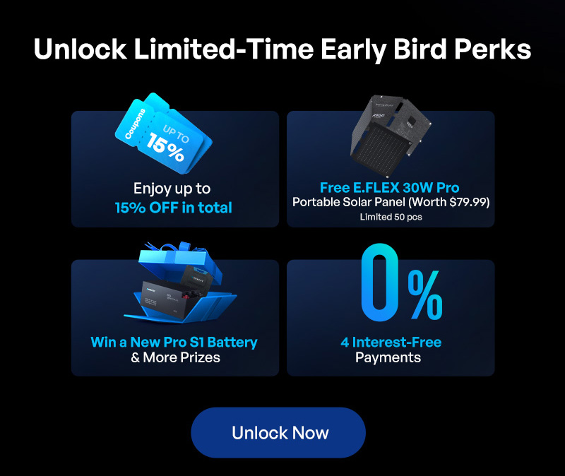 1. Enjoy 15% OFF 2. Free 30W Panel (Worth $79.99) — First 50 Only 3. Win a New Pro S1 Battery & More Prizes 4. 4 Interest-Free Payments