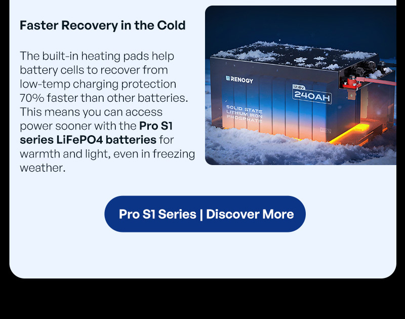 The built-in heating pads help battery cells to recover from low-temp charging protection 70% faster than other batteries. This means you can access power sooner with the Pro S1 series LiFePO4 batteries for warmth and light, even in freezing weather.