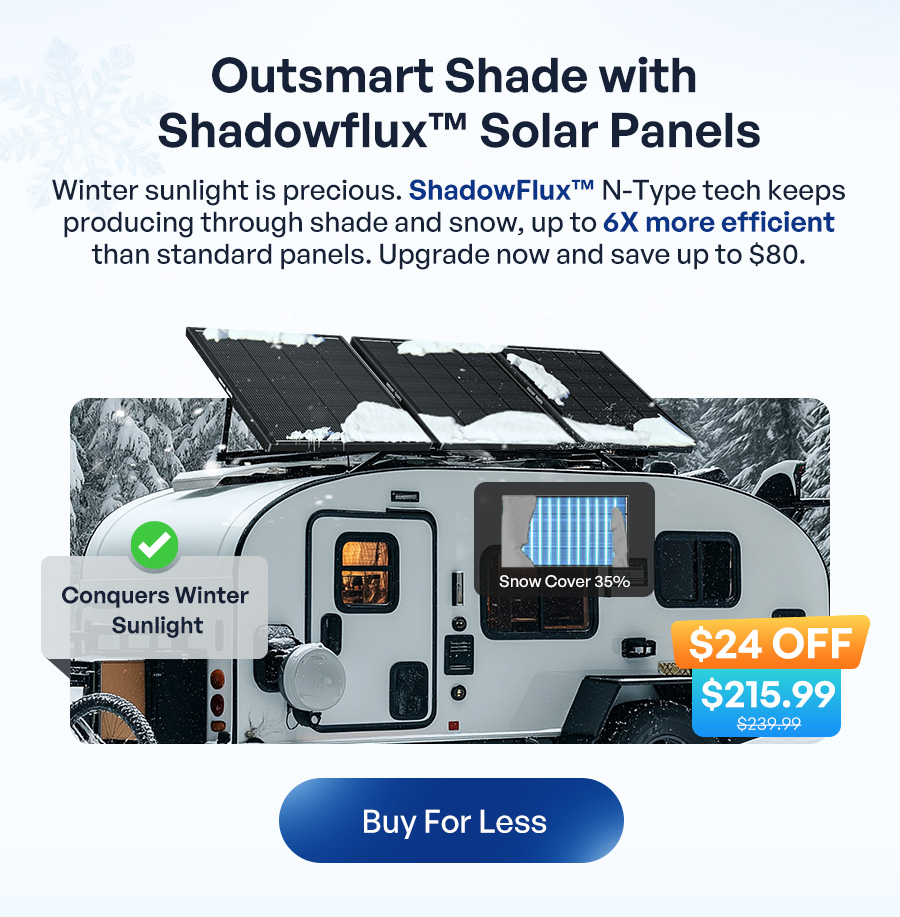 Outsmart the Shadows: Shadowflux™ Solar Panels | Winter sunlight is precious. ShadowFlux™ N-Type tech keeps producing through shade and snow, up to 6X more efficient than standard panels.