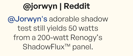 @Jorwyn's adorable shadow test still yields 50 watts from a 200-watt Renogy’s ShadowFlux™ panel.