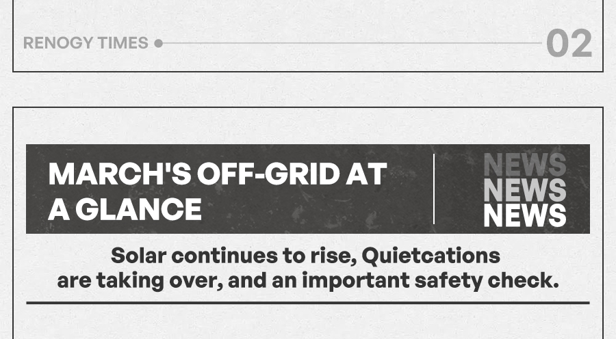 March's Off-Grid at a Glance Solar continues to rise, Quietcations are taking over, and an important safety check.