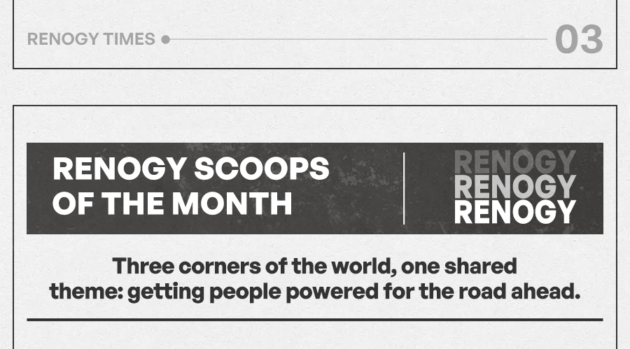 Renogy Scoops of the Month Three corners of the world, one shared theme: getting people powered for the road ahead.