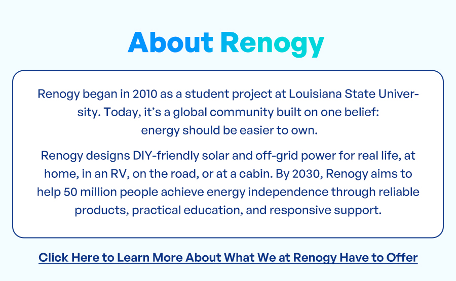 Renogy began in 2010 as a student project at Louisiana State University. Today, it’s a global community built on one belief: energy should be easier to own. Renogy designs DIY-friendly solar and off-grid power for real life, at home, in an RV, on the road, or at a cabin. By 2030, Renogy aims to help 50 million people achieve energy independence through reliable products, practical education, and responsive support. Click Here to Learn More About What We at Renogy Have to Offer