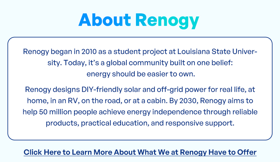 Renogy began in 2010 as a student project at Louisiana State University. Today, it’s a global community built on one belief: energy should be easier to own. Renogy designs DIY-friendly solar and off-grid power for real life, at home, in an RV, on the road, or at a cabin. By 2030, Renogy aims to help 50 million people achieve energy independence through reliable products, practical education, and responsive support. Click Here to Learn More About What We at Renogy Have to Offer