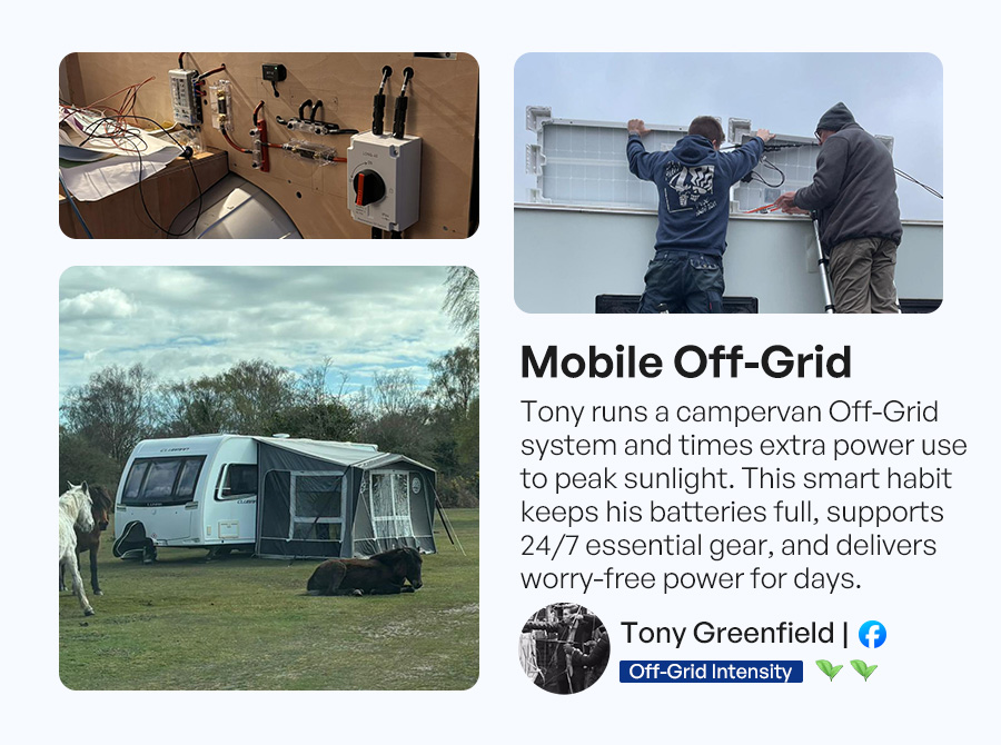 Tony runs a campervan Off-Grid system and times extra power use to peak sunlight. This smart habit keeps his batteries full, supports 24/7 essential gear, and delivers worry-free power for days.