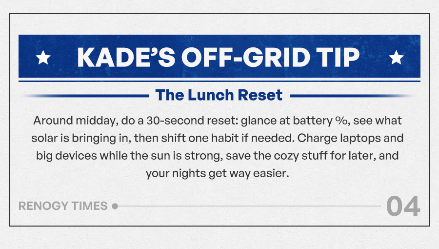 Kade’s Off-Grid Tip Subheader: The Lunch Reset Around midday, do a 30-second reset: glance at battery %, see what solar is bringing in, then shift one habit if needed. Charge laptops and big devices while the sun is strong, save the cozy stuff for later, and your nights get way easier.