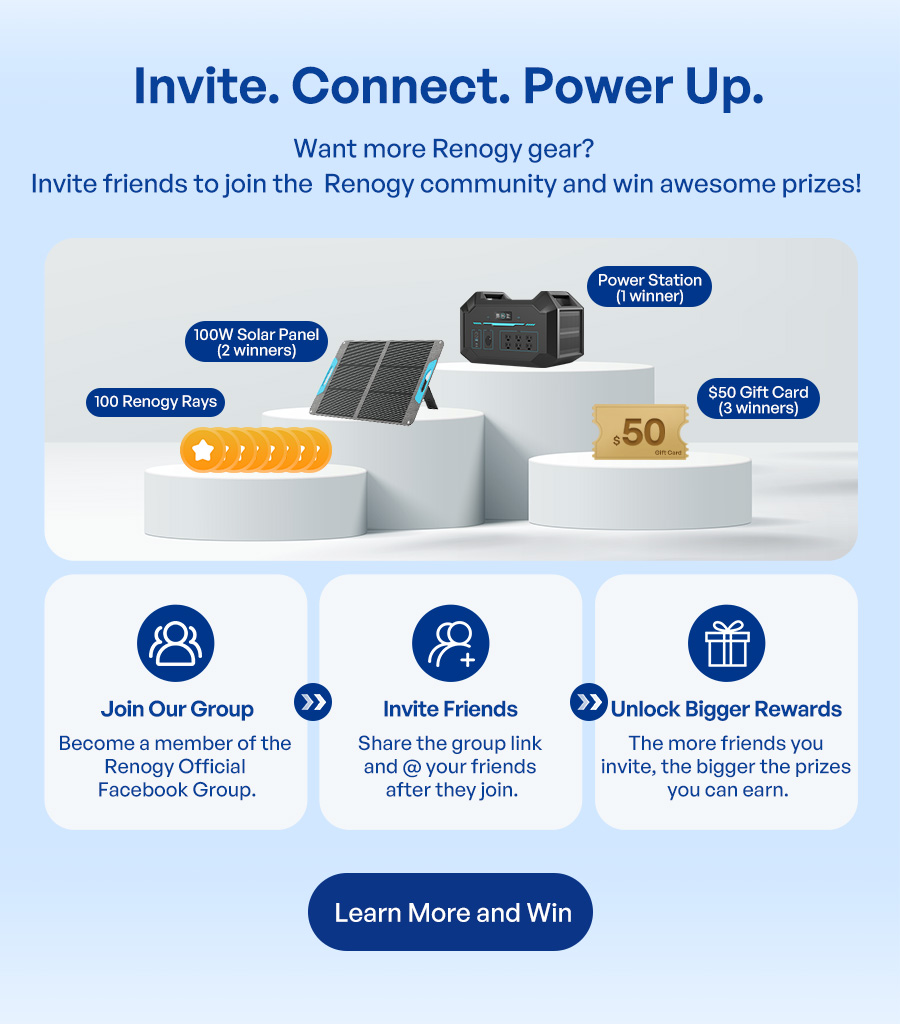 Invite. Connect. Power Up. Want more Renogy gear? Invite friends to join the Renogy community and win awesome prizes! Invite to Win