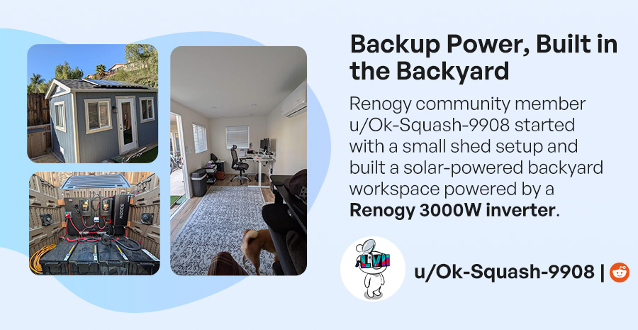 Backup Power, Built in the Backyard Renogy community member u/Ok-Squash-9908 started with a small shed setup and built a solar-powered backyard workspace powered by a Renogy 3000W inverter.