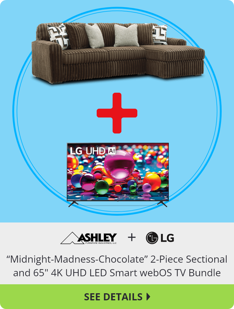 Ashley “Midnight-Madness-Chocolate” 2-Piece Sectional and LG 65 inch 4K UHD LED Smart webOS TV Bundle. See Details.
