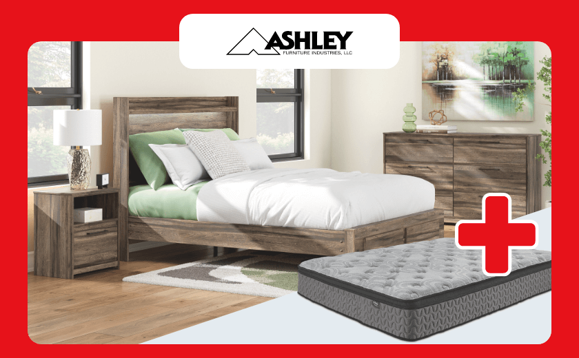 Ashley “Elbrim” 6-Piece Storage Bed, Dresser, 1 Nightstand + Roll Slats + 12 inch Augusta 2 Euro Top Mattress, Queen