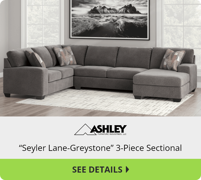 Ashley “Seyler Lane-Greystone” 3-Piece Sectional. See Details.