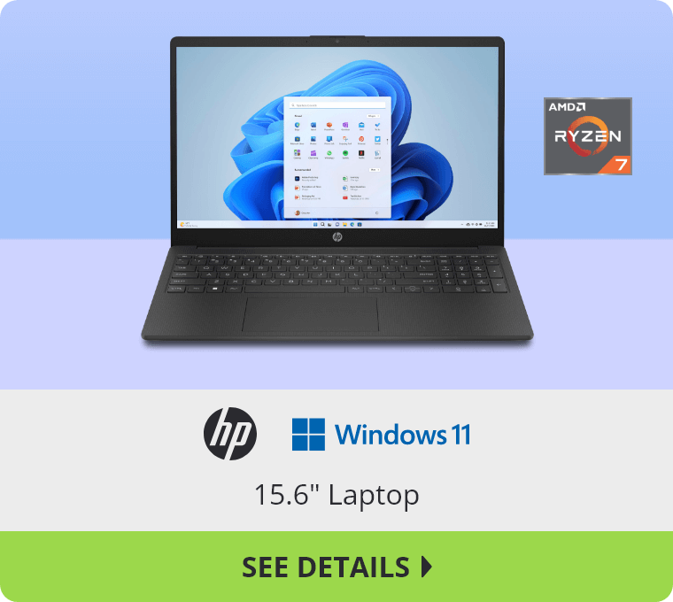HP 15.6 inch Laptop with Windows 11 OS and AMD Ryzen 7 CPU. See Details.