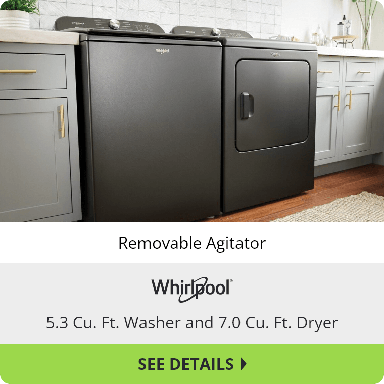 Whirlpool 5.3 Cubic Feet Washer and 7.0 Cubic Feet Dryer with Removable Agitator. See Details.