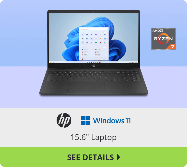 HP 15.6 inch Laptop with Windows 11 OS and AMD Ryzen 7 CPU. See Details.