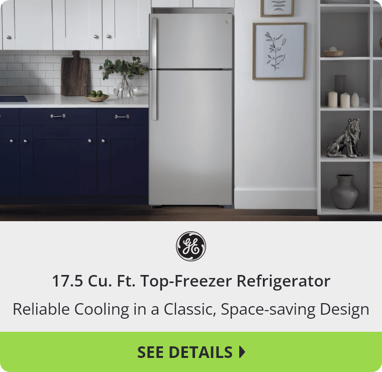 GE Appliances 17.5 Cubic Feet Top-Freezer Refrigerator. Reliable Cooling in a Classic, Space-saving Design. See Details.