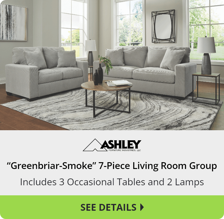 Ashley “Greenbriar-Smoke” 7-Piece Living Room Group. Includes 3 Occasional Tables and 2 Lamps. See Details.